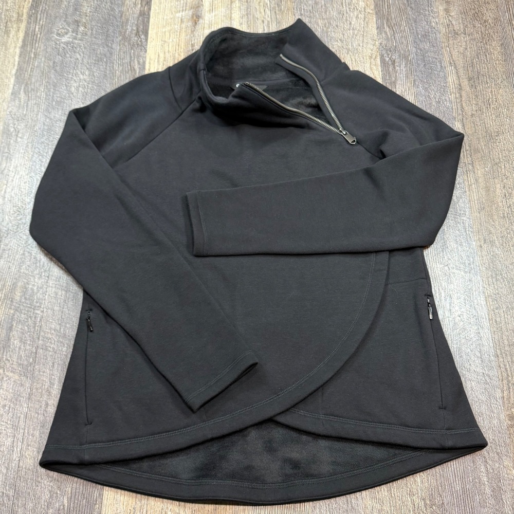 Athleta Cozy Karma Asym Pullover Black Warm Fleece Lined Sweatshirt Womens S